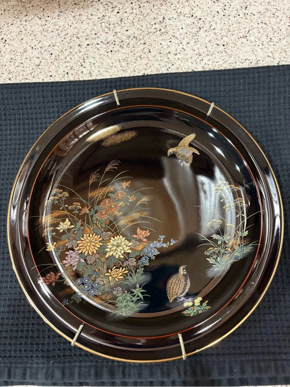 Vintage Yamaji Japan Black Floral Design Birds Porcelain Plate